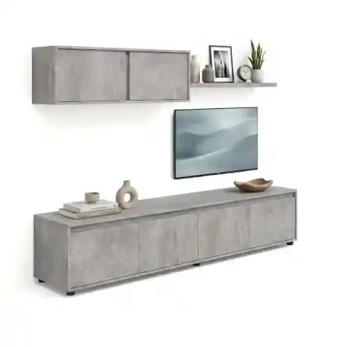 Conjunto de salón mueble TV 200cm con módulo suspendido y balda mural (cemento)
