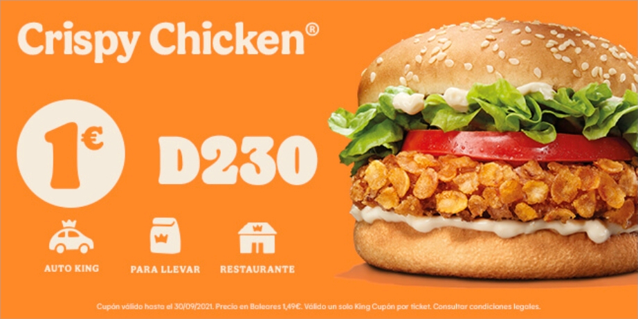 Crispy Chicken por 1€ en Burger King (válido en pedidos en Auto King, para llevar y en restaurante)