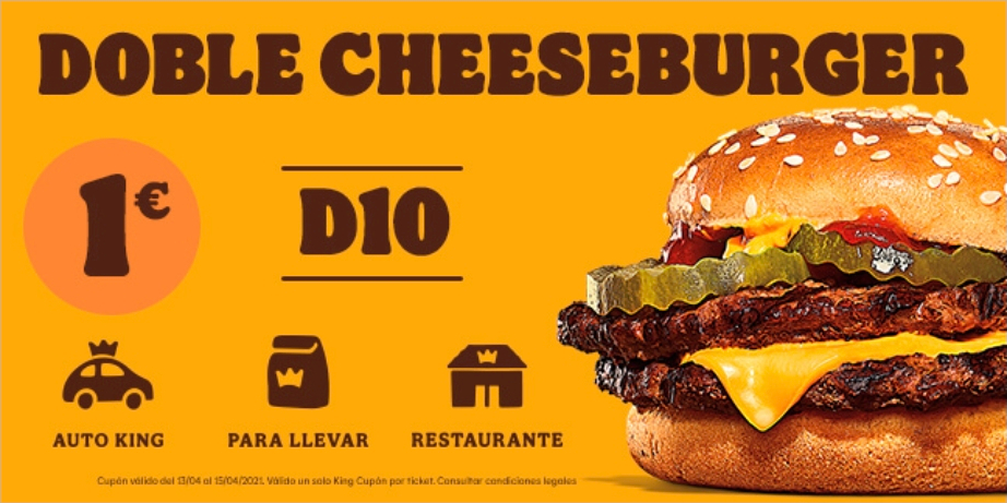 Doble Cheeseburger a 1€ en Burger King (disponible en Auto King, para llevar y en restaurante)