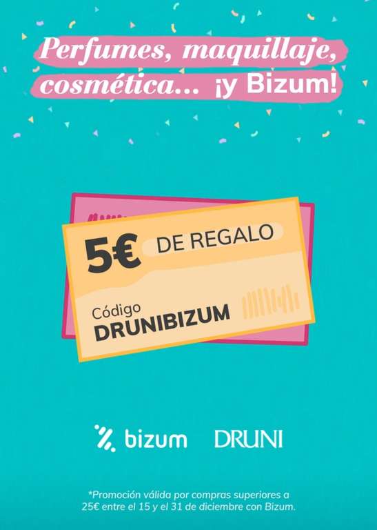 En perfumerias Druni 5 euros de descuento si pagas con Bizum [ Pedidos superiores a 25 euros ]