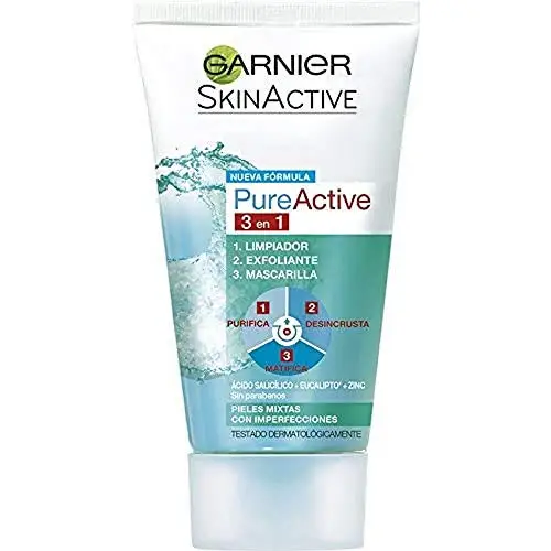 GARNIER Skin Active - Pure Active 3 en 1 - Limpiador, exfoliante y mascarilla - 150 ml