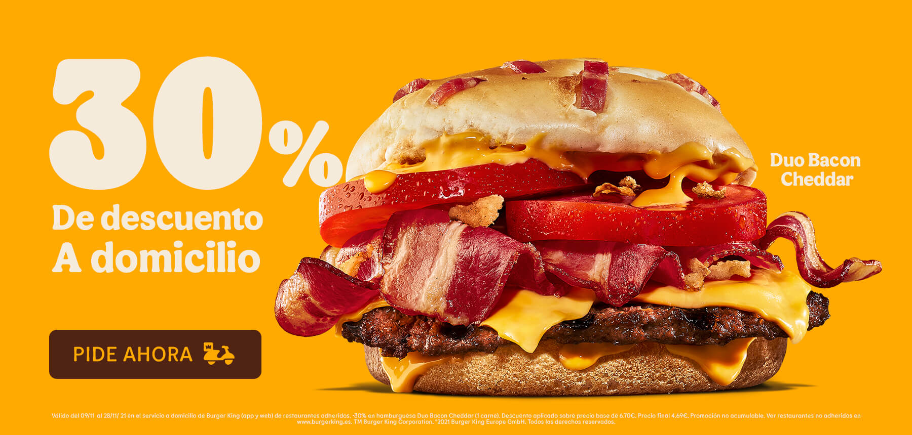 Hamburguesa Duo Bacon Cheddar (1 carne) por 4,69€ en pedidos en el servicio a domicilio de Burger King (app y web) (con descuento del 30% en el precio)