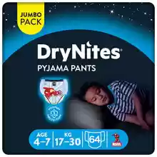 Huggies DryNites Calzoncillos absorbentes Niño 4-7 años (17-30 kg), 4 paquetes x 16 uds (64 unidades)