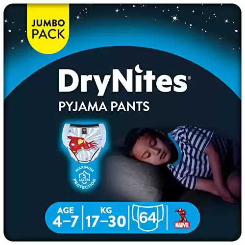 Huggies DryNites Calzoncillos absorbentes Niño 4-7 años (17-30 kg), 4 paquetes x 16 uds (64 unidades)