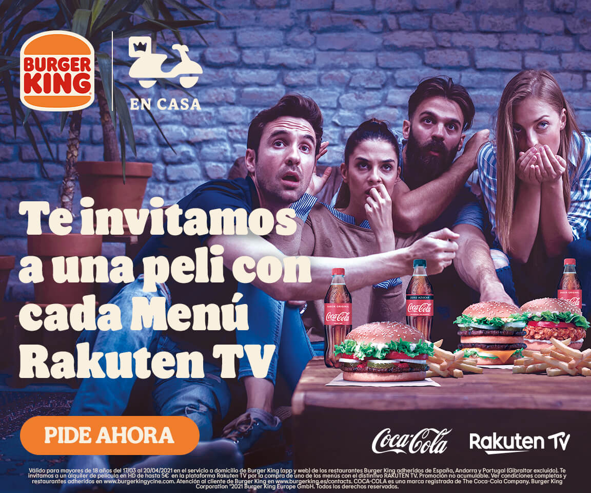 Invitación a un alquiler de película en HD de hasta 5€ en Rakuten TV por la compra de un menú con el distintivo RAKUTEN TV en Burger King en casa