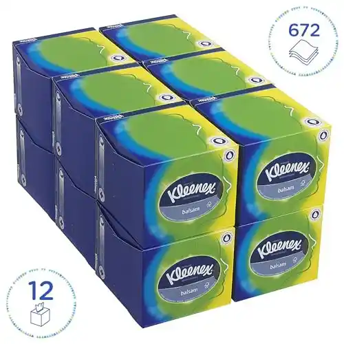 Kleenex Caja de Pañuelos en Cubo 8825, 3 Capas, Con Bálsamo Protector, 12 Cajas x 56 Hojas (672 total)