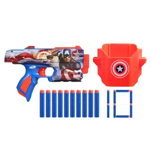 Lanzador Nerf Marvel Captain America con 10 dardos.