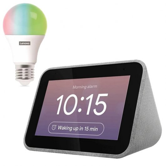 Lenovo Pack Smart Clock Reloj Despertador Inteligente con Asistente de Google Gris + Smart Bulb LED