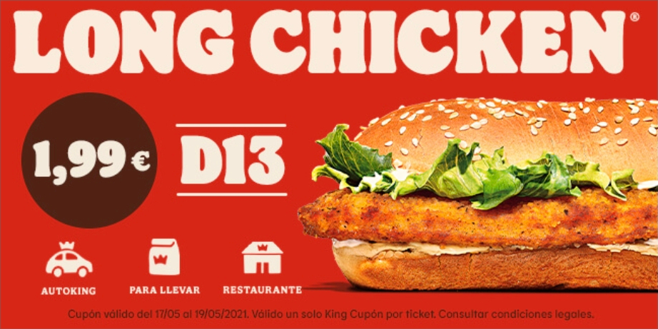 Long Chicken por 1,99€ en Burger King (disponible en Auto King, para llevar y en restaurante)
