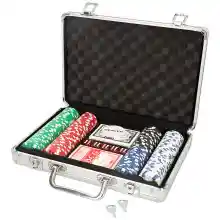 Maletín de póker con 201 fichas, 2 barajas de cartas, 5 dados y 1 ficha dealer