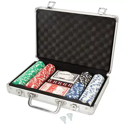 Maletín de póker con 201 fichas, 2 barajas de cartas, 5 dados y 1 ficha dealer