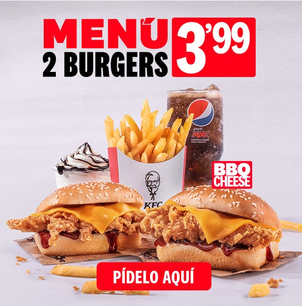 Menú 2 burgers por 3,99€ en KFC (disponible en restaurante, KFC Auto y para llevar)