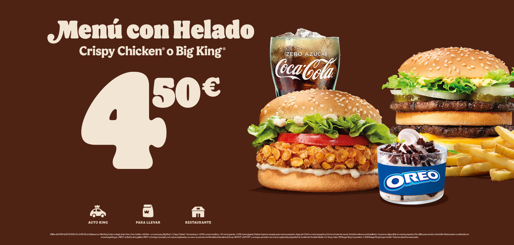 Menú pequeño Crispy Chicken o Big King con patatas fritas, bebida y helado en Burger King