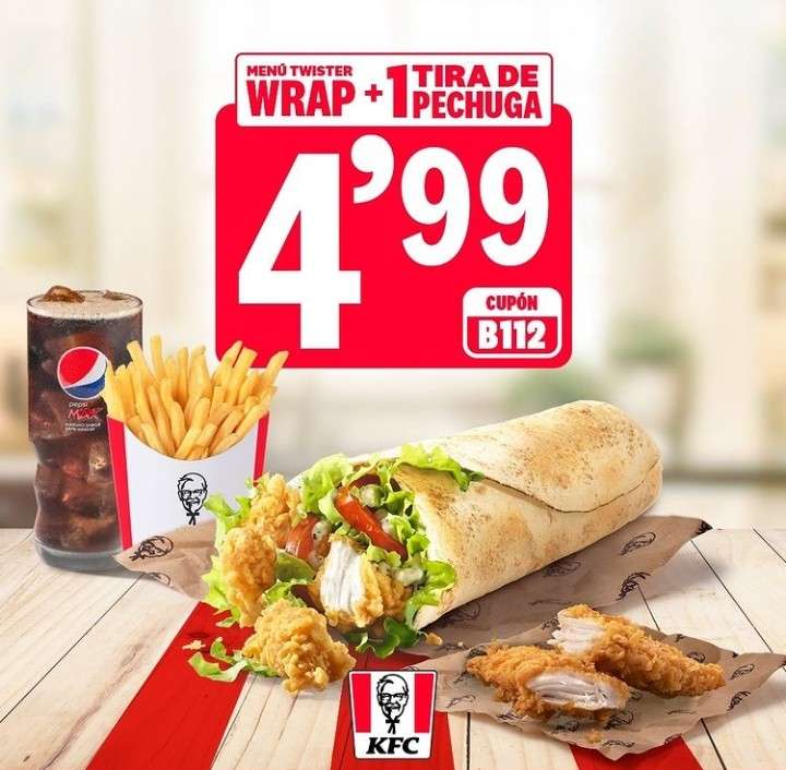 Menú Twister wrap pequeño + 1 tira de pechuga de pollo por 4,99€ en KFC (oferta válida en pedidos realizados físicamente en restaurantes)