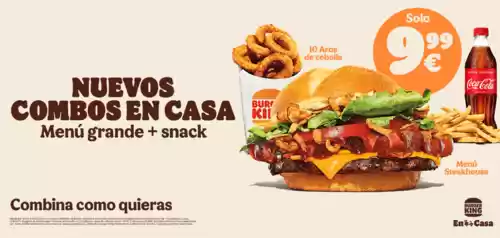 Menús grandes Big King + Nuggets x6; Crispy Chicken + Nuggets x6; Steakhouse + aros de cebolla x10; o Chili Cheese + aros de cebolla x10 por 9,99€ (en Baleares 10,50€) en pedidos en el servicio a domicilio de Burger King (app y web)