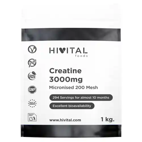 Monohidrato de Creatina en polvo 100% Pura 3000mg Hivital 1Kg (294 raciones para casi 10 meses)