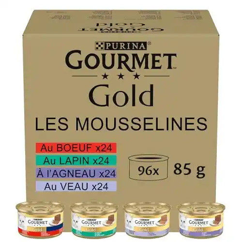 Mousse Gourmet Gold para gatos, comida húmeda en 96 latas.