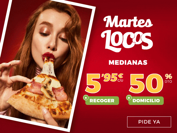 Oferta Martes locos en Telepizza: Pizzas medianas por 5,95€ cada una (oferta válida los días martes en pedidos en local y recoger)