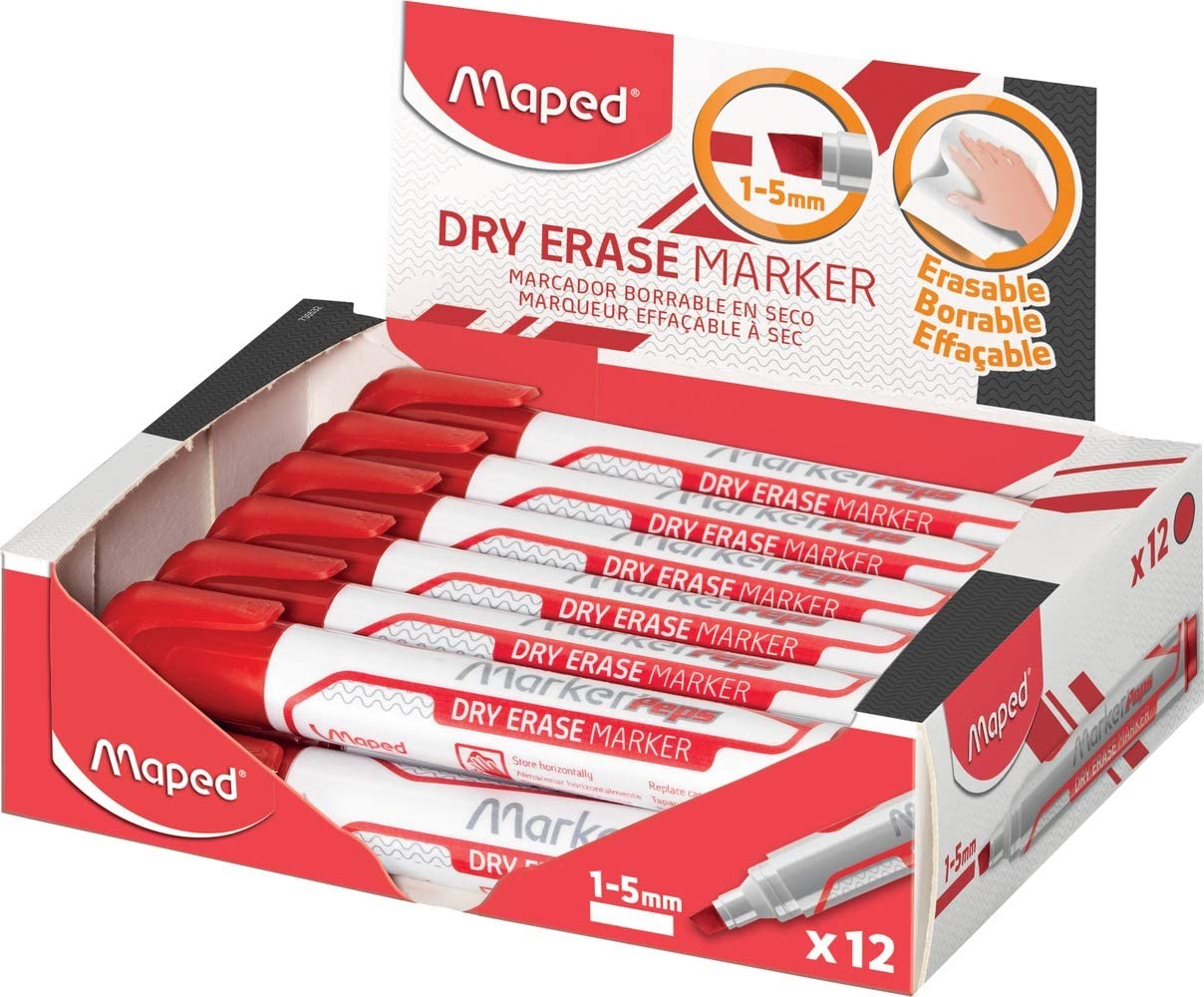 Pack 12 rotuladores borrables en seco rojos Maped