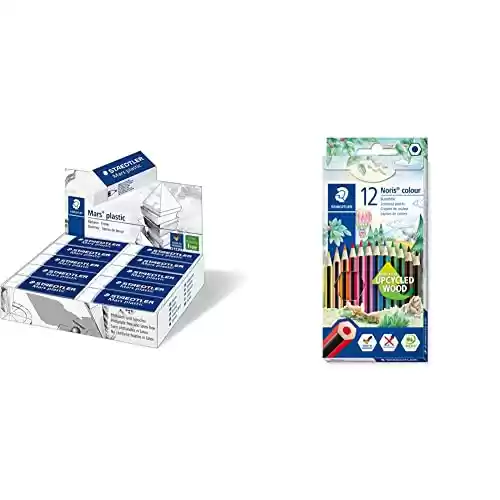 Pack 20x Goma de borrar de color blanco + 12x Lápices multicolor Staedtler