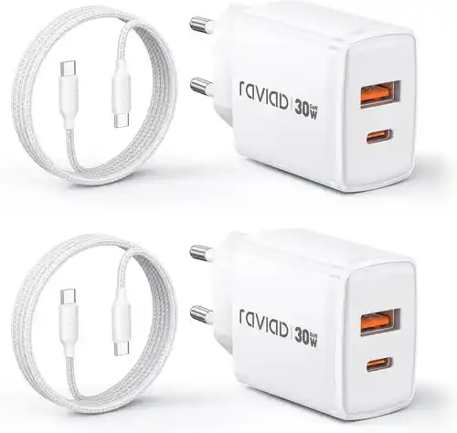 Pack 2x Cargadores USB C 30W Carga Rápida + 2x Cables de 2m