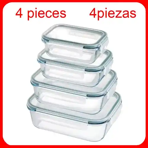Pack 4 Recipientes Rectangulares de Borosilicato (200ml, 370ml, 640ml, 1000ml) aptos microondas
