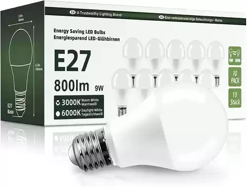 Pack de 10 Bombillas LED 9W E27 Luz Blanca Cálida 3000K