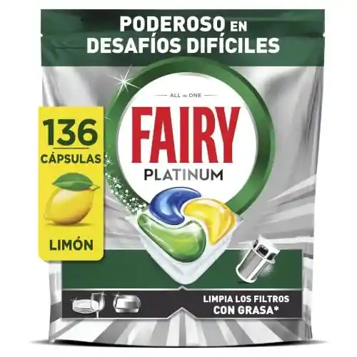 Pack de 136 cápsulas Fairy Platinum para lavavajillas con aroma a limón