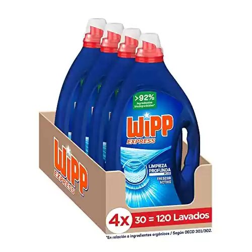 Pack de 4, Total 120 lavados, detergente lavadora Wipp Express Limpieza Profunda Plus Frescor Activo