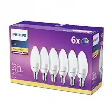 Pack de 6x bombillas vela Philips LED E14 5.5 W Equivalentes a 40 W en Incandescencia, 470 lúmenes, Luz Blanca Cálida
