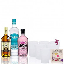 Pack Fiesta en Casa Ginebra Mom Love, Ron Botrán 8 y Vodka Vladivar - 700 ml