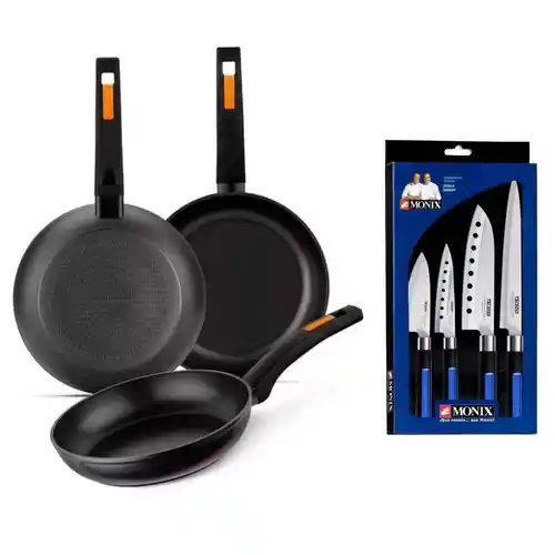 Pack Monix: Set 3 Sartenes 20-24-28cm + Set 4 Cuchillos Japoneses