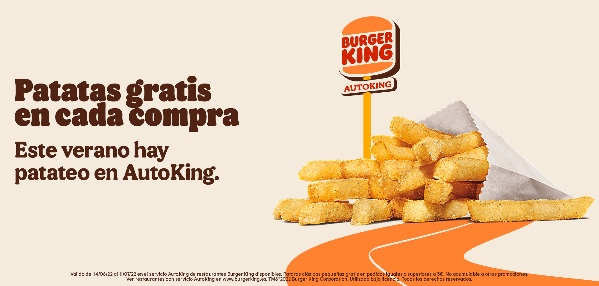 Patatas clásicas pequeñas gratis en pedidos de importe igual o superior a 3€ en el servicio AutoKing de Burger King