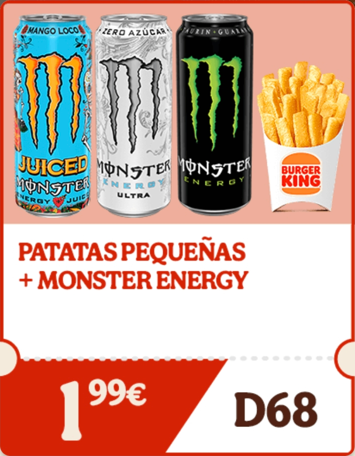Patatas pequeñas + lata de Monster Energy (500 ml.) por 1,99€ en Burger King (oferta válida en pedidos en restaurante)
