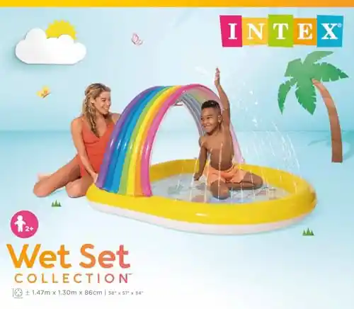 Piscina infantil arco iris con toldo y aspersor Intex