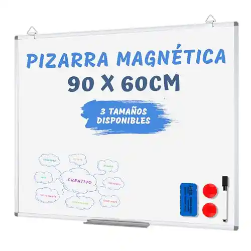 Pizarra Blanca Magnética de Pared 90 x 60 cm con Bandeja, 1 Rotulador, 2 Imanes y Borrador