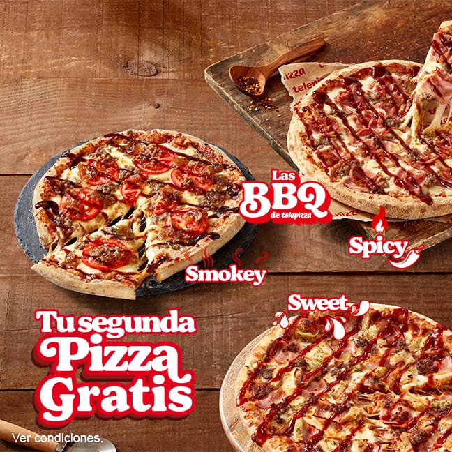 Pizza BBQ (Spicy, Smokey o Sweet) gratis con la compra de otra pizza BBQ (Spicy, Smokey o Sweet) en Telepizza (oferta válida en pedidos a domicilio)