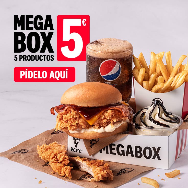 Promoción Megabox en KFC: 5 productos por 5€ (válida en pedidos en restaurante, KFC Auto y para llevar)