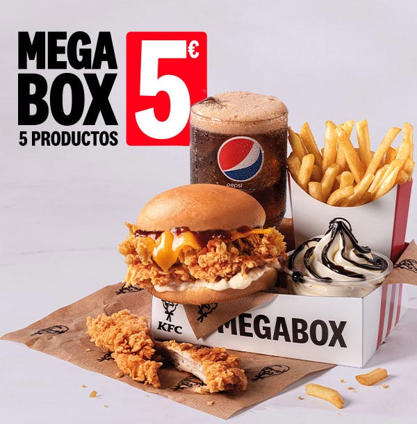 Promoción Megabox en KFC: 5 productos por 5€ (válida en restaurante, KFC Auto y para llevar)