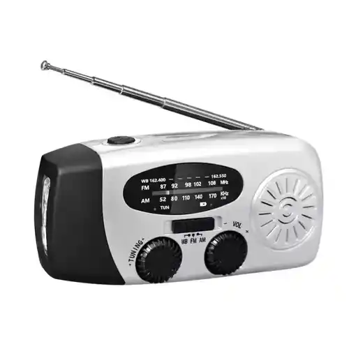 Radio de emergencia FM AM multifuncional con linterna LED, powerbank y carga solar, por USB y por manivela