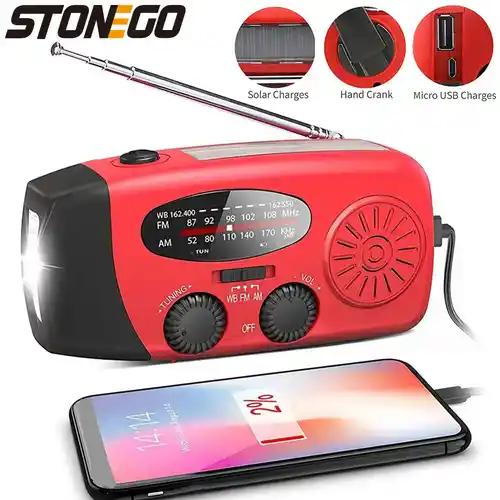 Radio FM de emergencia multifunción con linterna, powerbank, carga solar/manivela/usb