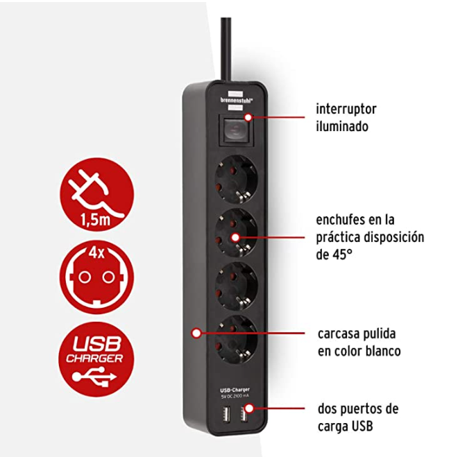 Alargador 6 tomas con 2 puertos USB e interruptor On Off 3 m