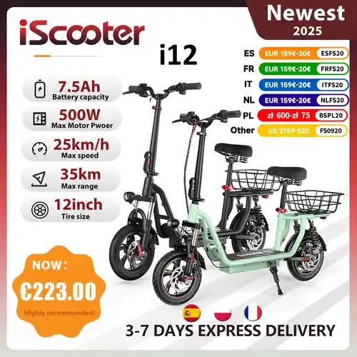 Scooter eléctrico con asiento y cesta i12 500W 36V 7.5Ah (hasta 35km autonomía)