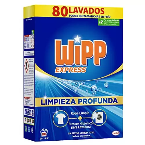 Wipp Express Limpieza Profunda (80 lavados), detergente en polvo  quitamanchas, detergente para lavadora para coladas higiénicamente